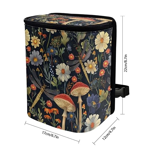 Talayituse Mushroom Dragonfly Daisy Print Car Trash Can with Lid, Leak Proof Auto Trash Bag Hanging Vehicle Garbage Can Multipurpose Storage Container for Back Seat Road Trip