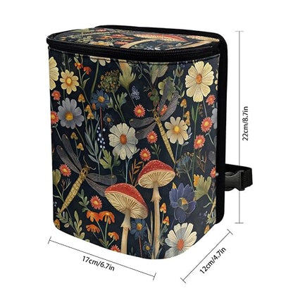 Talayituse Mushroom Dragonfly Daisy Print Car Trash Can with Lid, Leak Proof Auto Trash Bag Hanging Vehicle Garbage Can Multipurpose Storage Container for Back Seat Road Trip