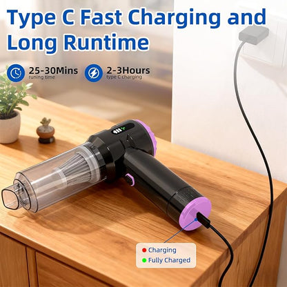 Sycoodeal Handheld Car Vacuum Cleaner, 25000PA Strong Cyclonic Suction Portable Mini Vacuum Cordless with Digital Display Lightweight Handheld for Pet Hair, Car, Home, Office, Kitchen (Purple)