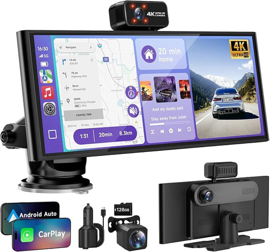 CarPlay Screen for Car Tablet Android Auto Smart Screen for Car, 4K Dash Cam Portable Car Play with 3 Channel Camera,10.26” Wireless Display with FM Radio Stereo Bluetooth 5.2, 128GB TF Card Black