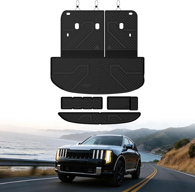 LASFIT Cargo Mat & Backrest Mats for Kia Telluride 2027 (Only Fit Gas, Not Fit Hybrid), All Weather TPE Custom Fit Cargo Liner Trunk Mats & Seatback Mats Accessories for Kia Telluride 2027, Black