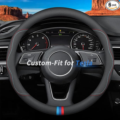 Deer Route for Tesla Steering Wheel Cover, Premium Leather Car Steering Wheel Cover with Logo, Non-Slip, Breathable, for Tesla Accessories (C-Style,for Tesla)