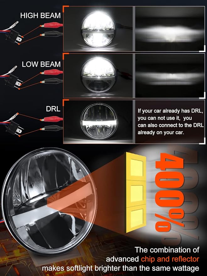 UNI-SHINE 5 3/4'' 5.75 Inch LED Headlight Round 4pcs Reflector Hi/Lo Beam With DRL Sealed Beam H5001 H5006 Compatible With Peterbilt 349 359, Chevy Impala 59-76, Dodge