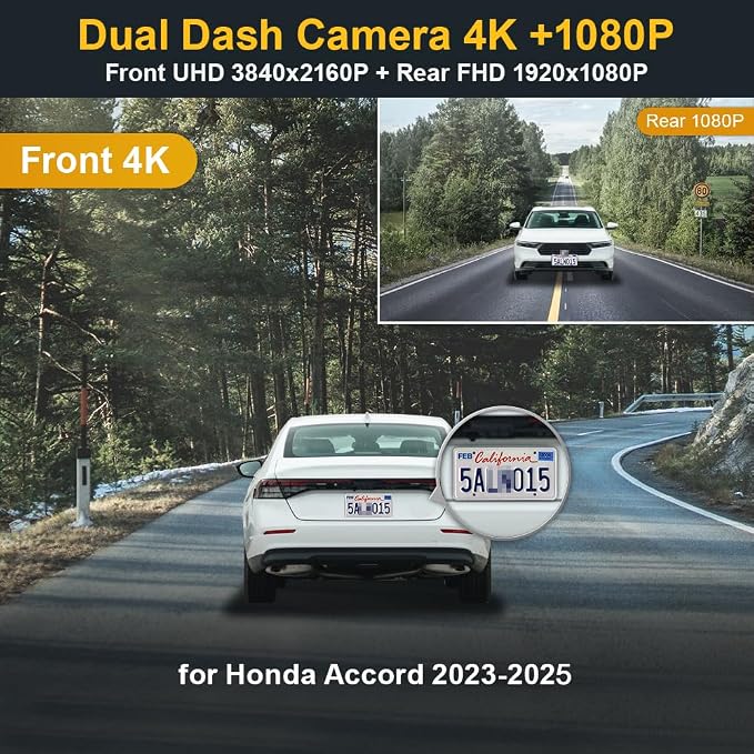 Fitcamx Front 2160P+Rear 1080P Dash Cam for Honda Accord 2023-2025 Hybrid EX LX Sport Touring EX-L (Gen11), OEM Style, Dual HD Video, Loop Recording, WiFi & APP, G-Sensor, Easy to Set, 128GB Card