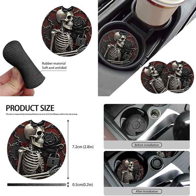 Gothic Skeleton Car Seat Cover Set of 10, Rose Skeleton Lock Rear Front Seat Protector Car Interior Cover, Horror Halloween Skull Elastic Safety Belt Coaster Keychain
