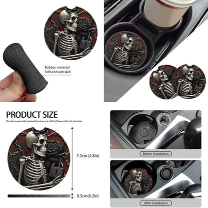 Gothic Skeleton Car Seat Cover Set of 10, Rose Skeleton Lock Rear Front Seat Protector Car Interior Cover, Horror Halloween Skull Elastic Safety Belt Coaster Keychain
