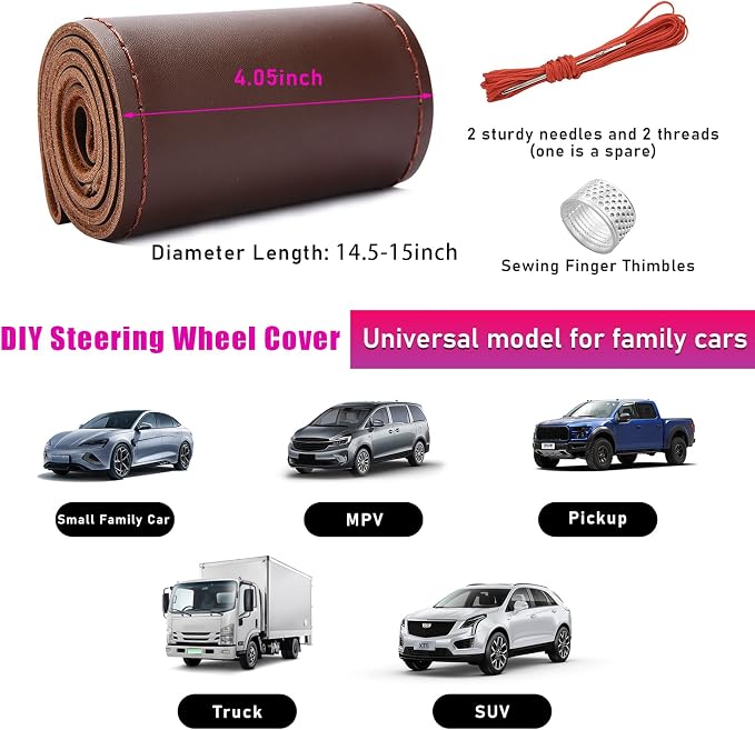 Ziciner Genuine Leather Steering Wheel Cover, Stitch on Wrap, Breathable Anti-Slip Car Steering Wheel Protector for Max Diameter 15 Inch, DIY Sewing with Needles Thread (Coffee, Glossy)