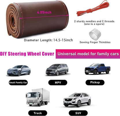 Ziciner Genuine Leather Steering Wheel Cover, Stitch on Wrap, Breathable Anti-Slip Car Steering Wheel Protector for Max Diameter 15 Inch, DIY Sewing with Needles Thread (Coffee, Glossy)