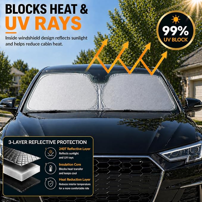 Audi A3 A4 A5 Windshield Sun Shade, Custom Fit Foldable Front Window Sunshade Visor, UV and Heat Protection Interior Cover, Fits 1995–2024 Models