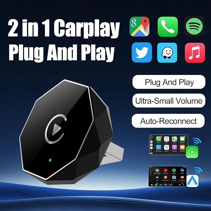 Wireless Carplay Adapter, Android Auto Adapter 2025 Carplay, Plug and Play Convert Wired to Wireless Supports Car Original Control, Mini Car Play Box for Cars