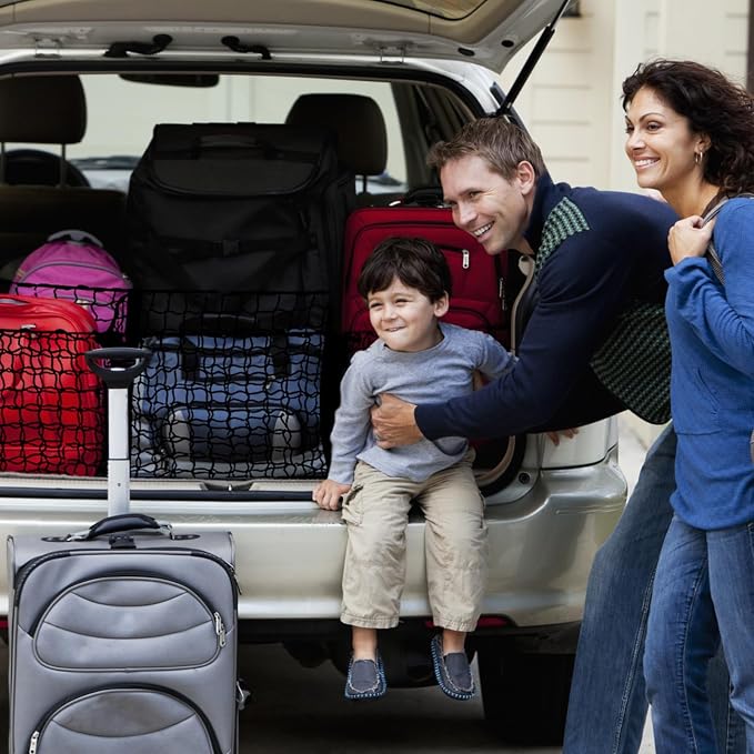 Cargo Net for Car, Expandable 3 Pocket Heavy-Duty Cargo Net Organizer, Black Mesh Storage Pocket with 4 Metal Carabiners Universal for Car, SUV, Pickup Truck, Van Trunk Bed- 47.2” x 11.8”