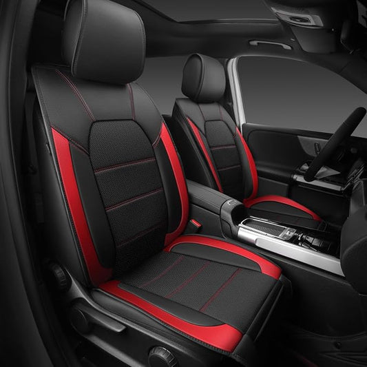 CAR PASS 5 Seats Leather Car Seat Covers, Sideless Car Seat Protectors with Storage Pocket, Water Resistance Seat Cover, Universal Fit Most Cars, SUVs, Trucks and Vans (Full Set,Black and Red)