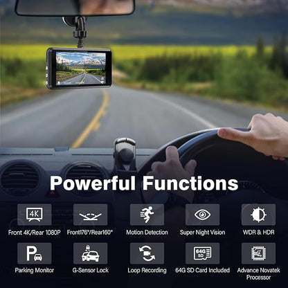 SHRINLUCK 2K Dual Dash Camera for Cars, Free 64G SD Card, FHD 2K+1080P Dash Cam Front and Rear,3.2'' IPS Screen,176° Wide Angle Dashcam,24H Parking Monitor,G-Sensor,Loop Recording,Night Vision,WDR