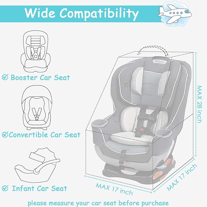 YOREPEK Padded Car Seat Travel Bag for Air Travel, Carseat Cover Backpack with Shoulder Straps, Large Carseat Gate Check Bag, Baby Travel Essential(Light Cyan)