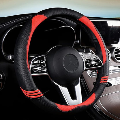 Iwantit® Premium Grip Steering Wheel Cover with Anti-Slip Rubber Ring, Made of Carbon Fiber & Breathable PU Leather, Universal Fit for 14.5-15 Inch Car and SUV (Passion Red)
