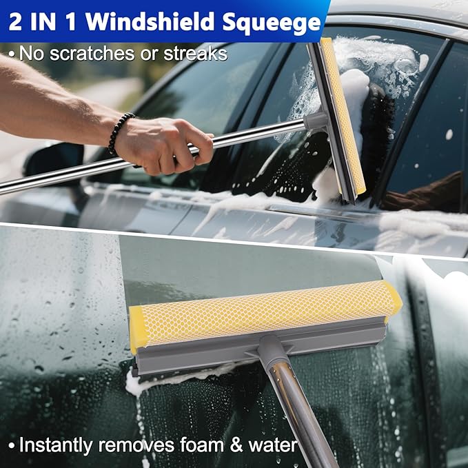 THINKWORK Car Wash Kit, 62'' Car Washing Brush with Long Handle, Extendable Car Wash Brush Mop with 2-in-1 Windshield Squeegee and 9Pcs Detailing Brushes, Gray Car Detailing Kit Gift for Men
