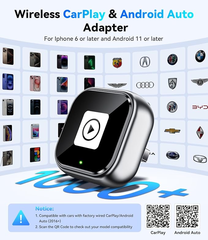 Wireless CarPlay Adapter & Android Auto, Wired to Wireless Carplay Adapter for Apple iPhone & Android, Mini USB Design with Type-C Extension, Plug and Play, No Latency & Auto-Reconnect, 2026 Upgraded