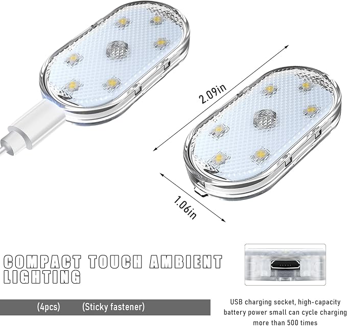 KVAEY 4 PCS Car LED Lights Interior Wireless, 7 Colors Magnetic Auto Ambient Light with 6 Bright LED Lamp Beads, Portable USB Rechargeable Vehicle Interior Led Night Light (Colorful, Sticky, 4pcs)