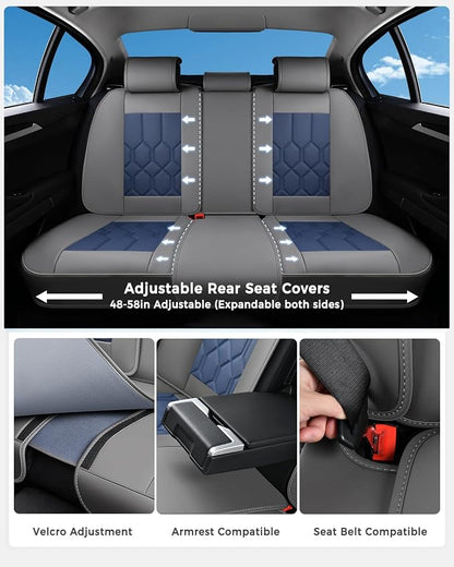 Huidasource Seat Covers Full Set, Universal Fit for Most Cars SUVs Trucks, Full Coverage Leather Seat Cover, Airbag, Cupholder Compatible, Seat Function Retain, Easy Install with Velcro, Gray&Blue