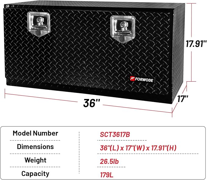 FORWODE 36x17x18 Inch Underbody Truck Tool Box Aluminum Trailer Tool Box with Lock & Foldable T-Handle Waterproof Truck Storage Box for Pickup Truck, Trailer, RV, ATV, Indoor（BLACK）