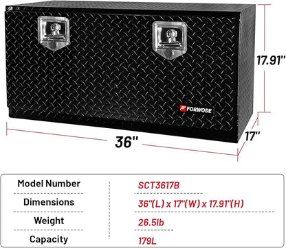 FORWODE 36x17x18 Inch Underbody Truck Tool Box Aluminum Trailer Tool Box with Lock & Foldable T-Handle Waterproof Truck Storage Box for Pickup Truck, Trailer, RV, ATV, Indoor（BLACK）