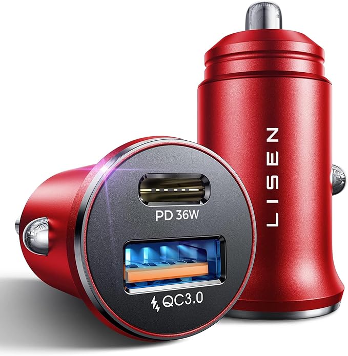 LISEN 2-Pack USB C Car Charger Adapter Fast Charge, 48W All Metal Cigarette Lighter USB Charger for iPhone 15 Smallest Flush Car Charger USB C for iPhone 14 Pro Max 13 12 Galaxy S23/22 iPad Pro-Red | Cigarette Lighter USB Charger, Car Accessories for M...