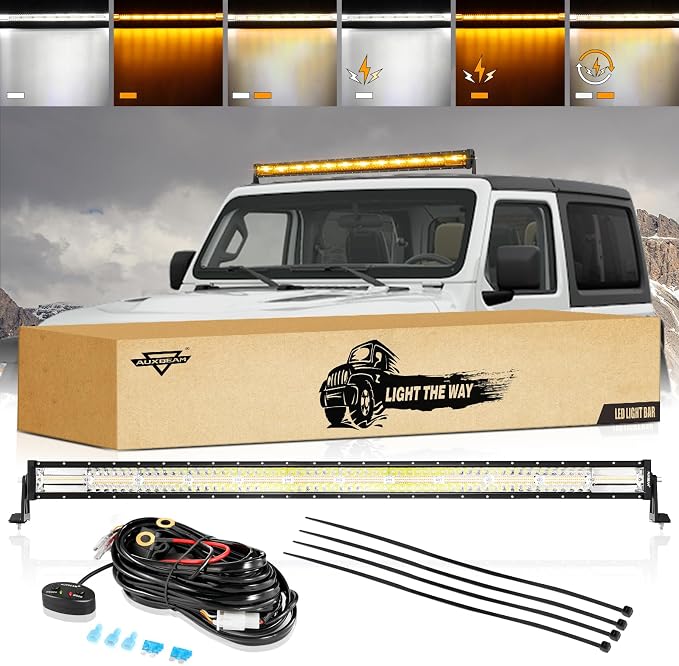 Auxbeam 50Inch LED Straight Light Bar, 6 Modes Amber White Strobe Light, 288W Dual Color Spot Flood Combo Offroad Fog Driving Light Waterproof with Memory Function for Truck Boat Jeep Pickup