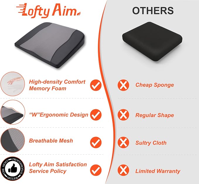 Lofty Aim Car Seat Cushion, Comfort Memory Foam Car Cushions for Driving - Sciatica & Lower Back Pain Relief, Driver Seat Pillow for Auto, Office Chair, Wheelchair - Black&Gray