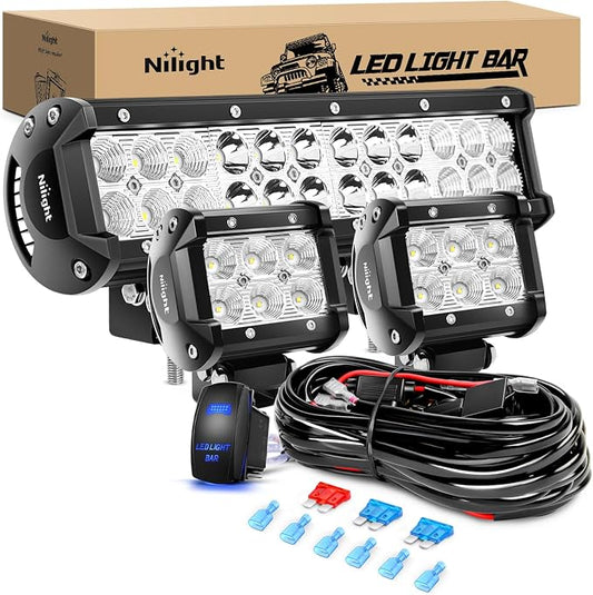 Nilight 12 Inch 72W Led Light Bar Spot Flood Combo 2PCS 4 Inch 18W Led Pods Boat Lights Driving Fog Lights Work Light for Trucks Off Road w/Rocker Switch Wiring Harness- 3 Leads, 2 Years Warranty