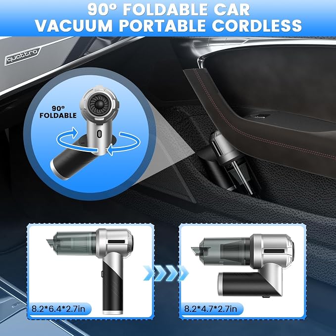 Car Vacuum Portable Cordless with 18000PA Super Suction, 4 in 1 Portable Air Blower/Car Vacuum 90°Foldable Handheld Rechargeable Brushless Motor, Gifts for Men for Home, PC