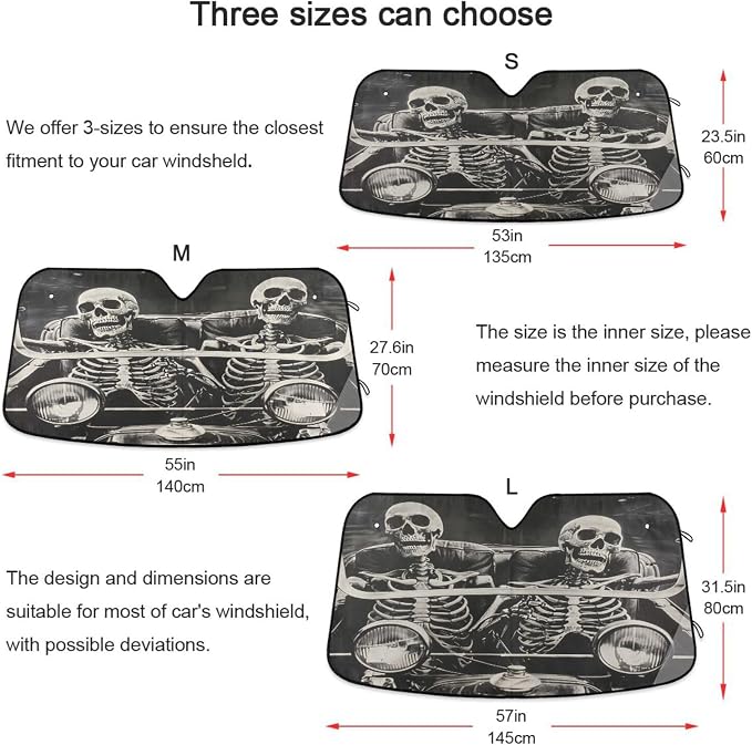 Funny Skeletons Windshield Sun Shade for Car Auto SUV Truck Foldable Front Window Sunshade Sun Visor Protector Block UV Rays Reflect Heat, 55" x 28"