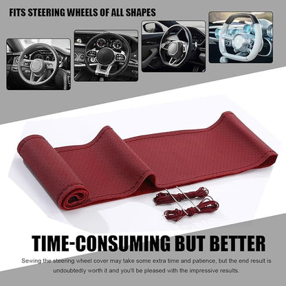 Wevdn Genuine Leather Steering Wheel Cover, Stitch on Wrap, DIY Sewing Steering Wheel Protector, 15 Inch Breathable Non-Slip Steering Wheel Protector, Car Accessories (Wine Red, Full Hole)