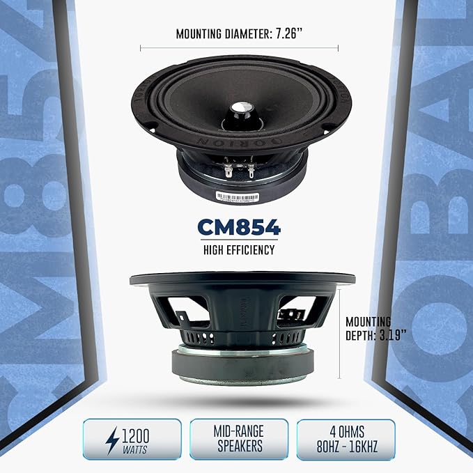 ORION Cobalt CM854 High Efficiency 8" Mid-Range Bullet Loudspeakers, 1200W Max Power, 300W RMS, 4 Ohm, 1.5" Voice Coil - Pro Car Audio Stereo, Midrange Speakers (Pair)