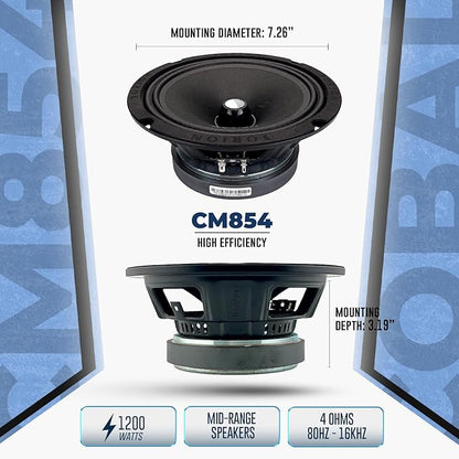 ORION Cobalt CM854 High Efficiency 8" Mid-Range Bullet Loudspeakers, 1200W Max Power, 300W RMS, 4 Ohm, 1.5" Voice Coil - Pro Car Audio Stereo, Midrange Speakers (Pair)
