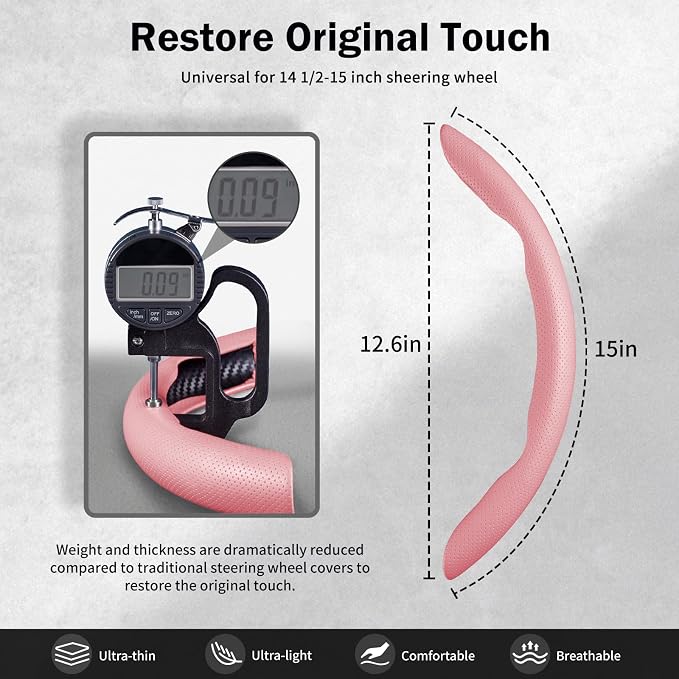 Nappa Leather Car Steering Wheel Cover for Men Women, Ultra-Thin Non-Slip Breathable Microfibre, Universal for 14.5"-15" Steering Wheel - Pink