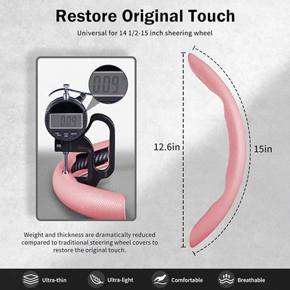 Nappa Leather Car Steering Wheel Cover for Men Women, Ultra-Thin Non-Slip Breathable Microfibre, Universal for 14.5"-15" Steering Wheel - Pink