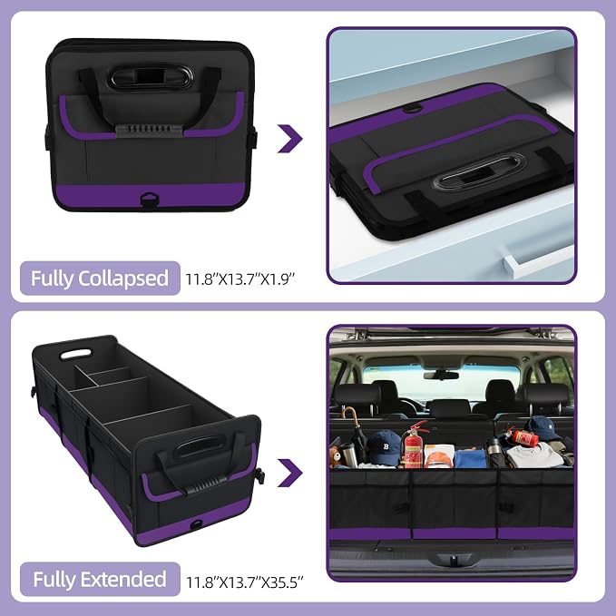 Trunk Organizer for Car, Sturdy Storage Organization with Non-Slip Bottom Strips, 95L Large Capacity Cargo Organizer for Suv, Truck, Sedan, Waterproof Portable Car Organizers for Women Men(Purple)