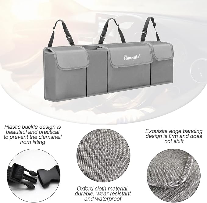 Car Trunk Organizer and Storage, Backseat Hanging Organizer for SUV, Truck, MPV, Waterproof, Collapsible Cargo Storage Bag with 4 Pockets, Car Interior Accessories (Gray)