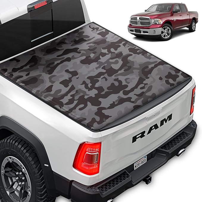Camo Truck Tonneau Cover for Ram 1500 (2002-2018), RAM 1500 Classic (2019-2024), Ram 2500/3500 (2003-2025) 6.4 ft Bed Soft Roll-Up All-Weather Truck Bed Cover Camo Graphic Classic Body Only NO RAMBOX