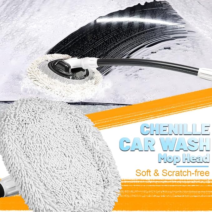 Car Wash Brush with Long Handle, Chenille Microfiber Car Wash Mop Kit, Scratch Free Car Cleaning Supplies with Ergonomic 15掳 Curved Extension Pole for RV Truck Boat Windshield - White