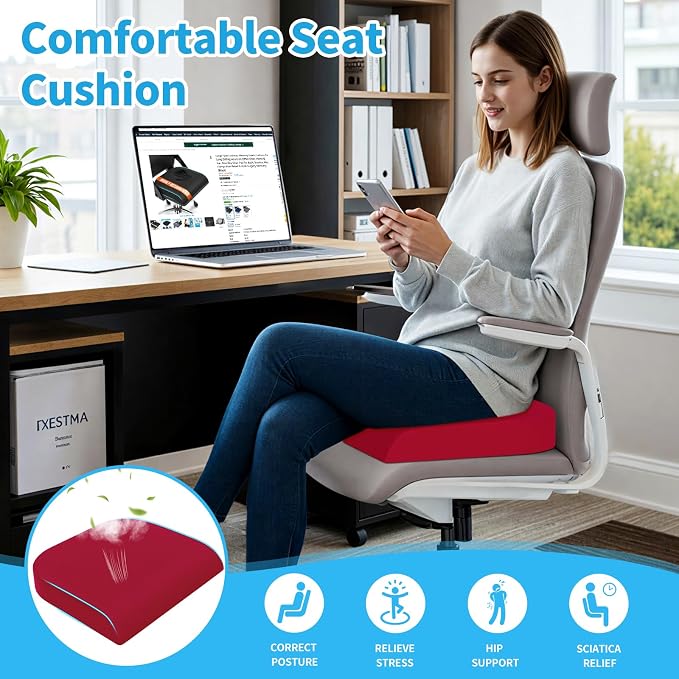 TranquilRelax 2XL Seat Cushion, Memory Foam Cushion for Long Sitting Hours on Office Chair, Car Seat, Non-Slip Chair Pad for Sciatica, Coccyx, Tailbone Pain Relief & Post-Surgery Recovery (Red)