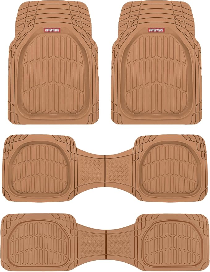 Motor Trend Original FlexTough Beige Rubber Car Floor Mats for 3 Row Vehicles, Front & Rear 2nd Row Deep Dish All Weather Automotive Heavy Duty Trim to Fit, Automotive Liners for Cars Truck Van SUV