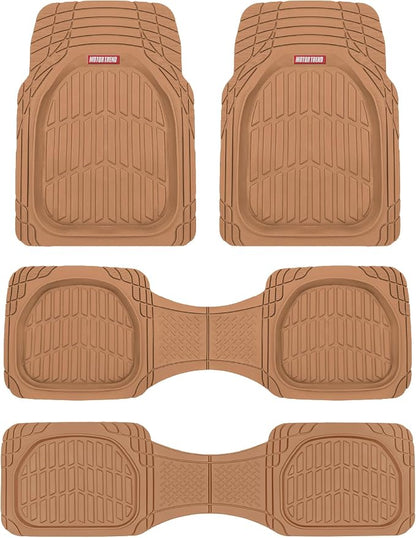Motor Trend Original FlexTough Beige Rubber Car Floor Mats for 3 Row Vehicles, Front & Rear 2nd Row Deep Dish All Weather Automotive Heavy Duty Trim to Fit, Automotive Liners for Cars Truck Van SUV