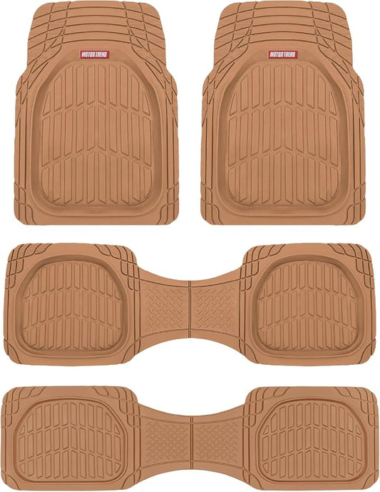 Motor Trend Original FlexTough Beige Rubber Car Floor Mats for 3 Row Vehicles, Front & Rear 2nd Row Deep Dish All Weather Automotive Heavy Duty Trim to Fit, Automotive Liners for Cars Truck Van SUV