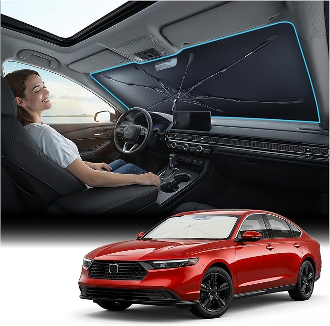 Nmoiss Windshield Sun Shade Umbrella for Civic - [Vinyl Coating Heat Shield] Protect Car from Sun Rays & Heat Damage Keep Cool and Protect Interior, Spring Structure Edge