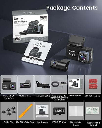 Dash Cam Front and Rear - Sarmert C4 Dual 4K Built-in GPS and 5G WiFi, Free 128GB Card Included, HDR Night Vision, WDR, 4K UHD Dash Camera for Cars, App, 24H Parking Mode