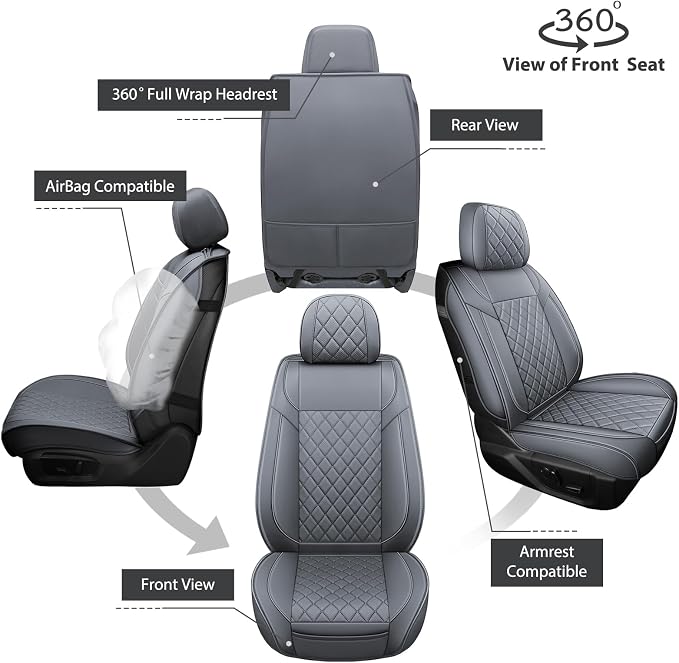 FREESOO Car Seat Covers Full Set for Dodge Ram 2002-2018 1500 & 2011-2026 2500 3500 Crew Quad Cab, 2019-2024 Ram 1500 Classic Leather Seat Cover, with Curved Bench, Grey