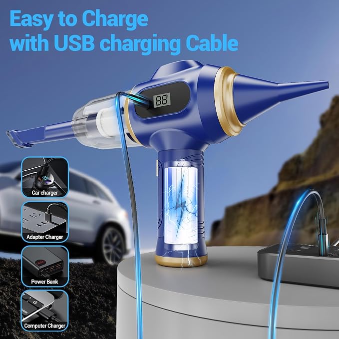 Car Vacuum Portable Cordless 17000Pa Mini Handheld Vacuums Blow and Suction with LCD Display and Multi-Nozzles, High Power for Car, Home, Office, Pet, Compact and Portable Design