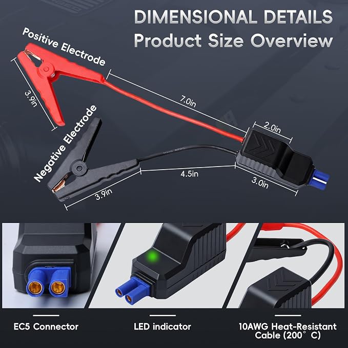 Mayspare 10AWG EC5 Smart Jump Starter Clamps, Heavy Duty Replacement Alligator Clips for 12V Portable Car Battery Booster, Universal for SUV/Truck/RV (LED + Beep Alert)