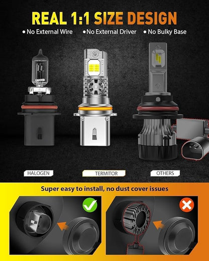 Termitor Latest H13/9008 Bulbs, 50,000LM Brightness High/Low Beam, 75000+ Hours Long Service Life, 6500K Cool White, Real 1:1 Halogen Size Off-Road Light for ATV UTV SUV, 3 Mins Plug N Play, Pack of 2